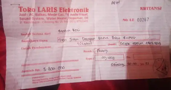 Contoh nota Service AC dan penjualan