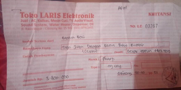 Contoh nota penjualan AC Sharp termasuk pemasangan di cibinong