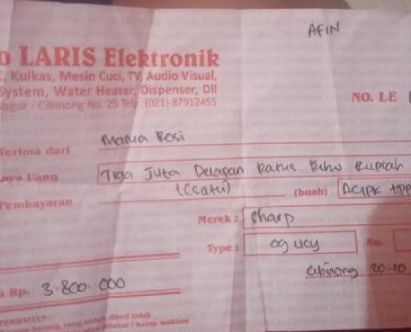 Contoh nota penjualan AC Sharp termasuk pemasangan di cibinong